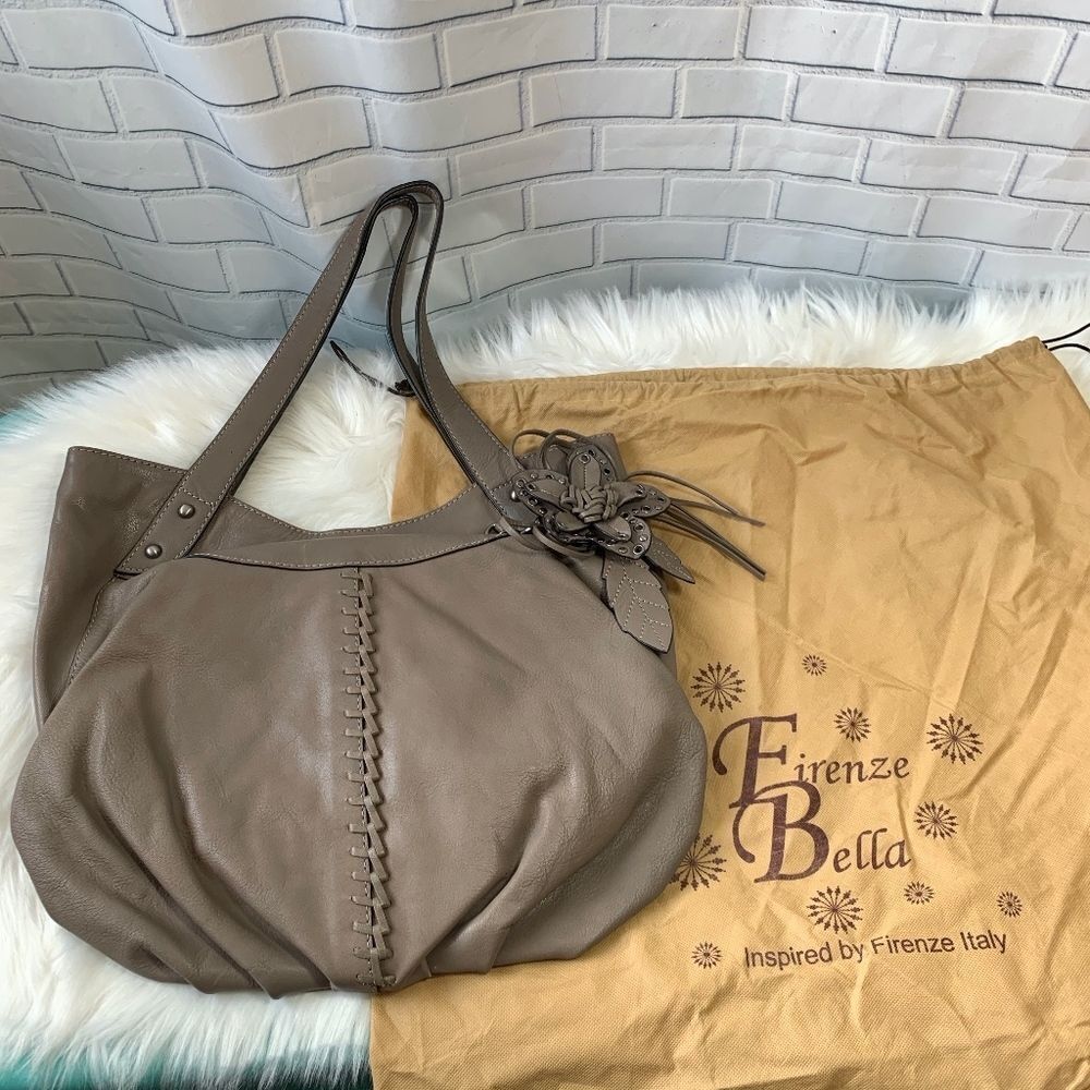 Firenze Bella Taupe Leather Bag W/Flower Detail‎